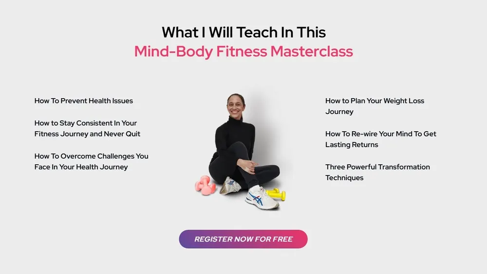 Dinaz Vervatwala on her Mind-Body Fitness Masterclass page, listing what the free masterclass teaches