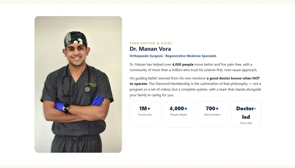 Dr. Manan Vora, orthopaedic surgeon and founder of Pain Free Club, on the Diamond Membership page
