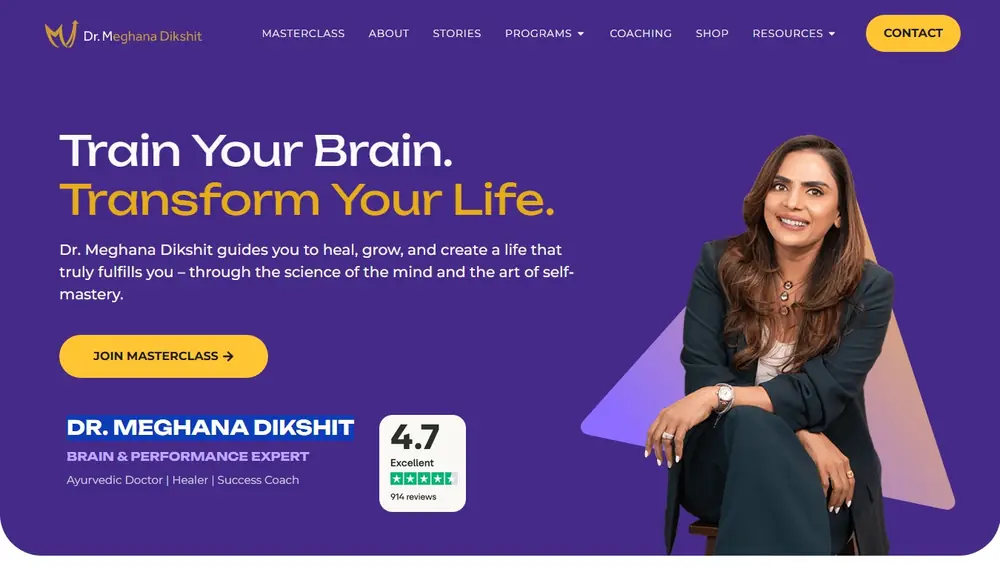 Meghana Dikshit, Ayurvedic doctor and success coach, on the drmeghana.com homepage
