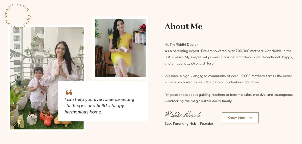 Riddhi Deorah, founder of Easy Parenting Hub, on her About Me page