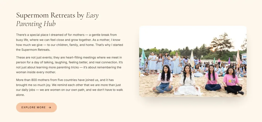 Riddhi Deorah's Supermom Retreats by Easy Parenting Hub, with mothers meditating on a beach